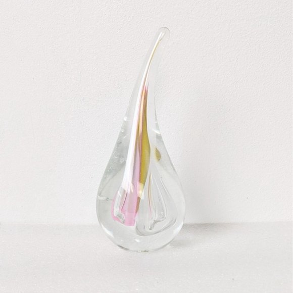 Signed AJ Adam Jablonski Hand Blown Art Glass Teardrop Paperweight Pink Yellow - Picture 4 of 6